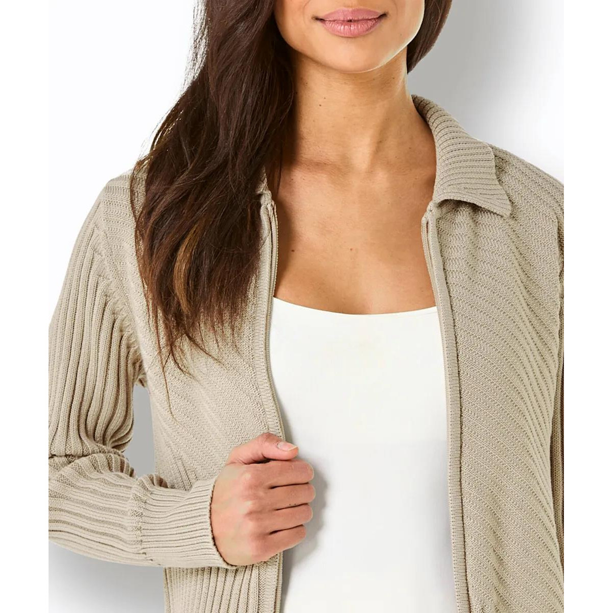 Rippenstrickjacke m. Reißverschluss sesam