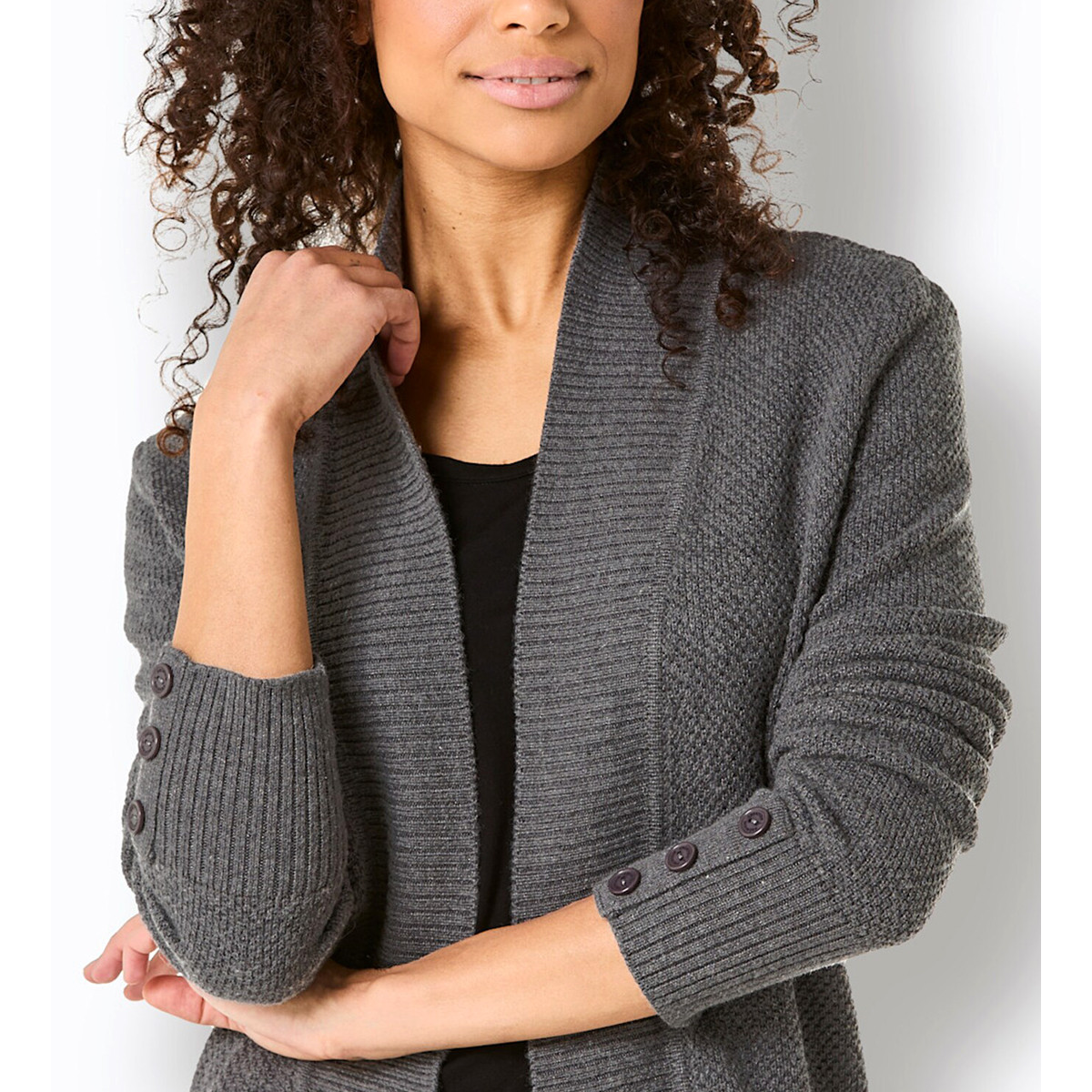Viskose-Schurwoll-Strickjacke schwarz-anthrazit-meliert