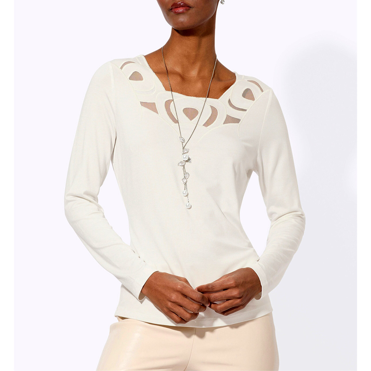 Langarm-Shirt m. Cut-outs und Mesh-Einsatz ecru
