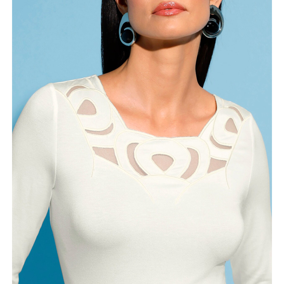 Langarm-Shirt m. Cut-outs und Mesh-Einsatz ecru