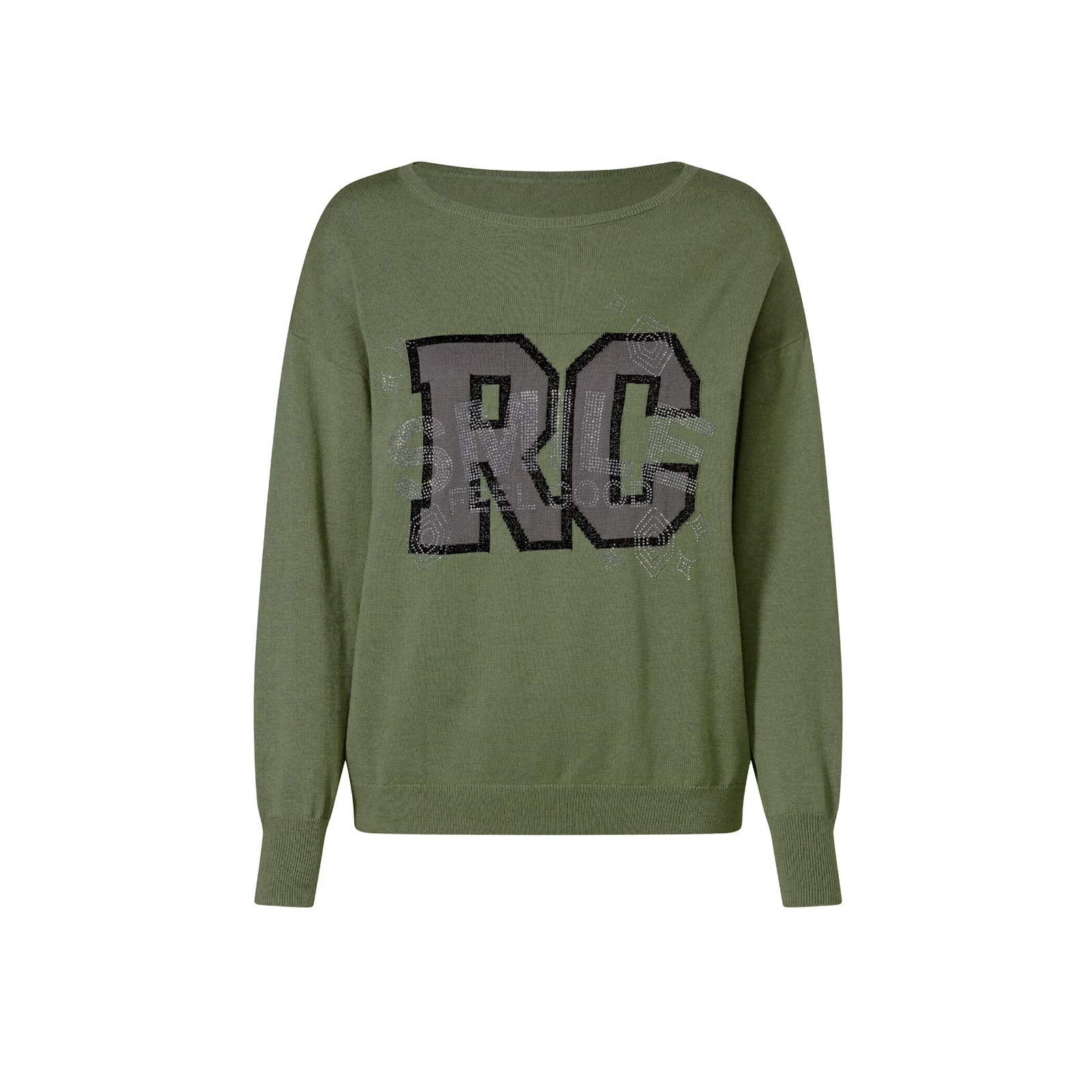 Pullover m. Statement-Print khaki-schwarz