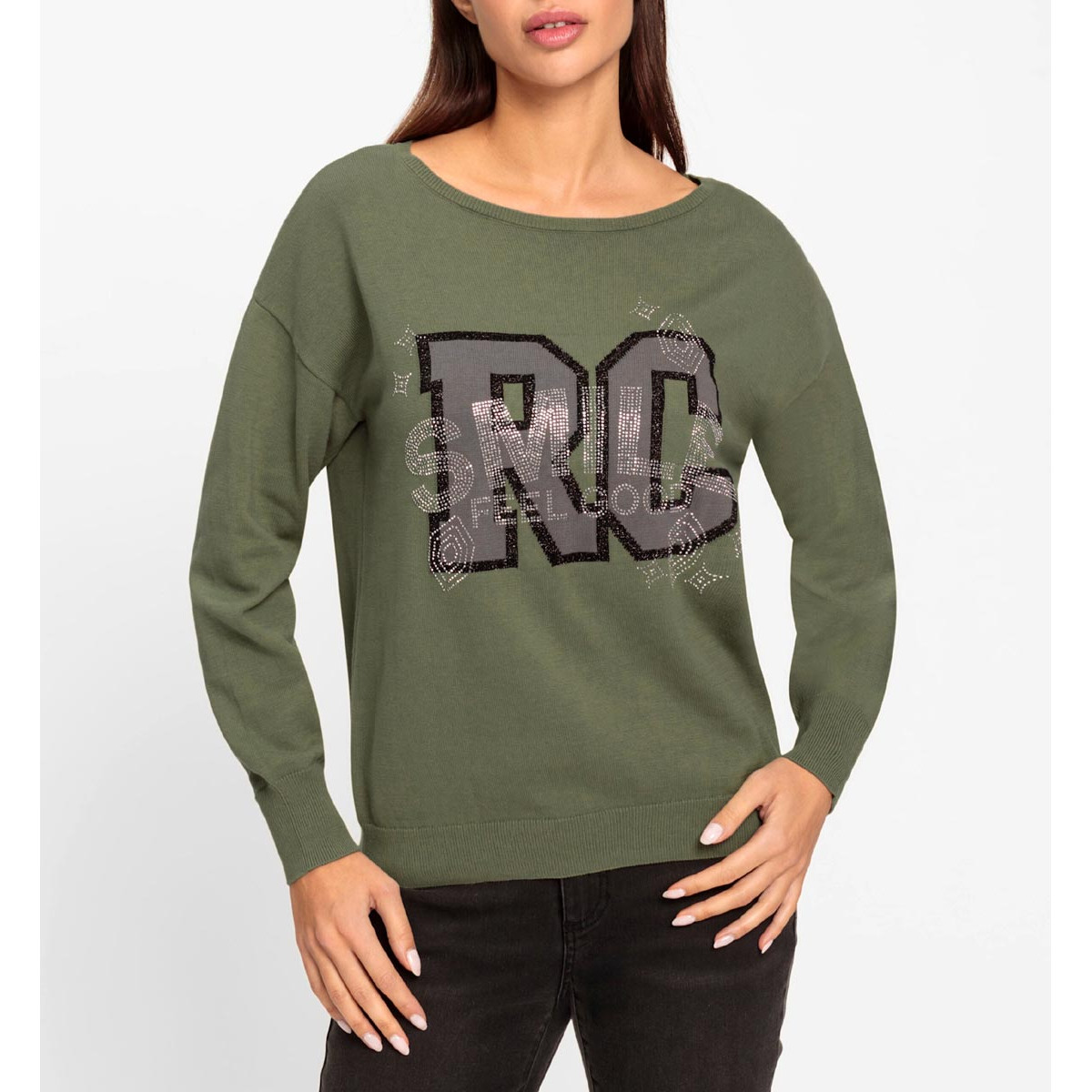 Pullover m. Statement-Print khaki-schwarz