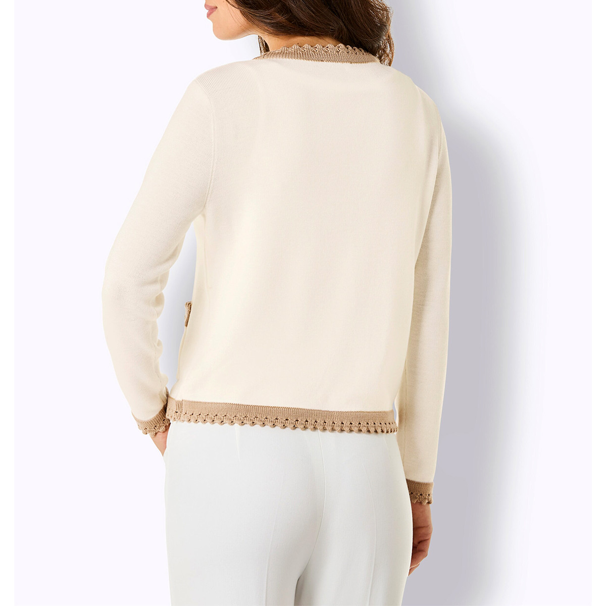Wollpullover m. Zierknopfleiste ecru-camel
