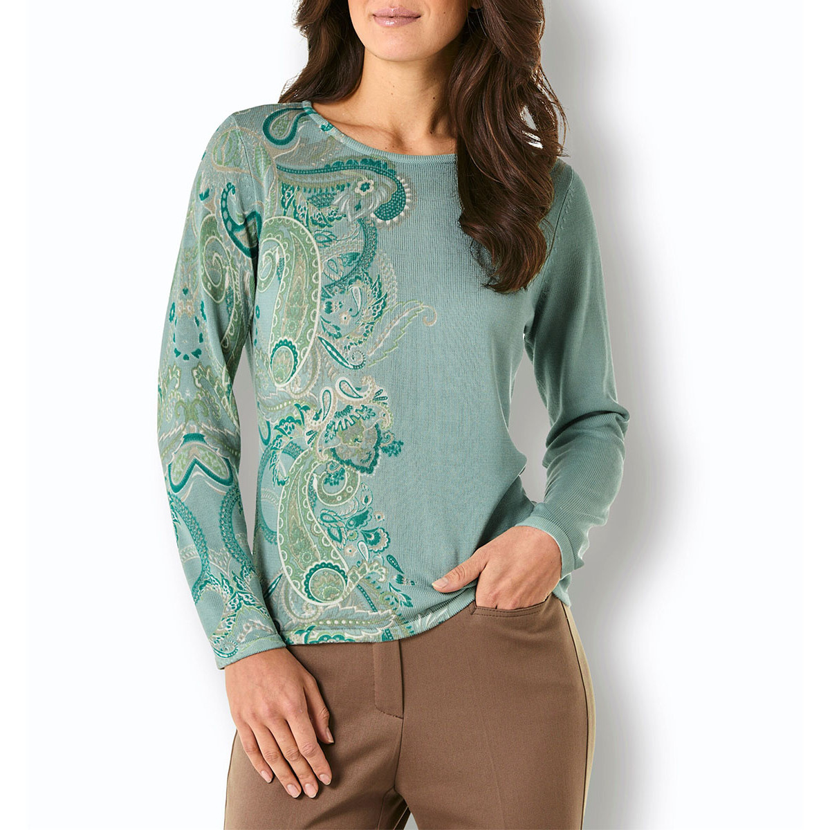 Merino-Lyocell-Pullover salbei-sesam-bedruckt