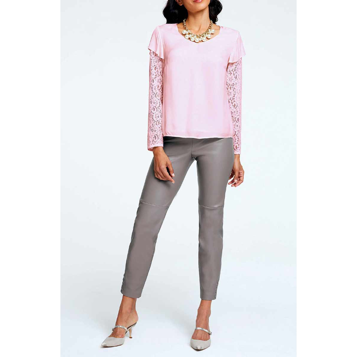 Designer-Crêpe-Spitzenbluse hellrose
