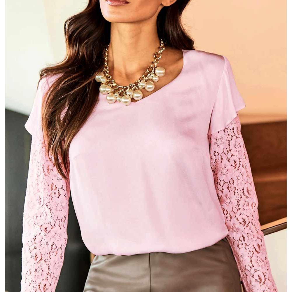 Designer-Crêpe-Spitzenbluse hellrose