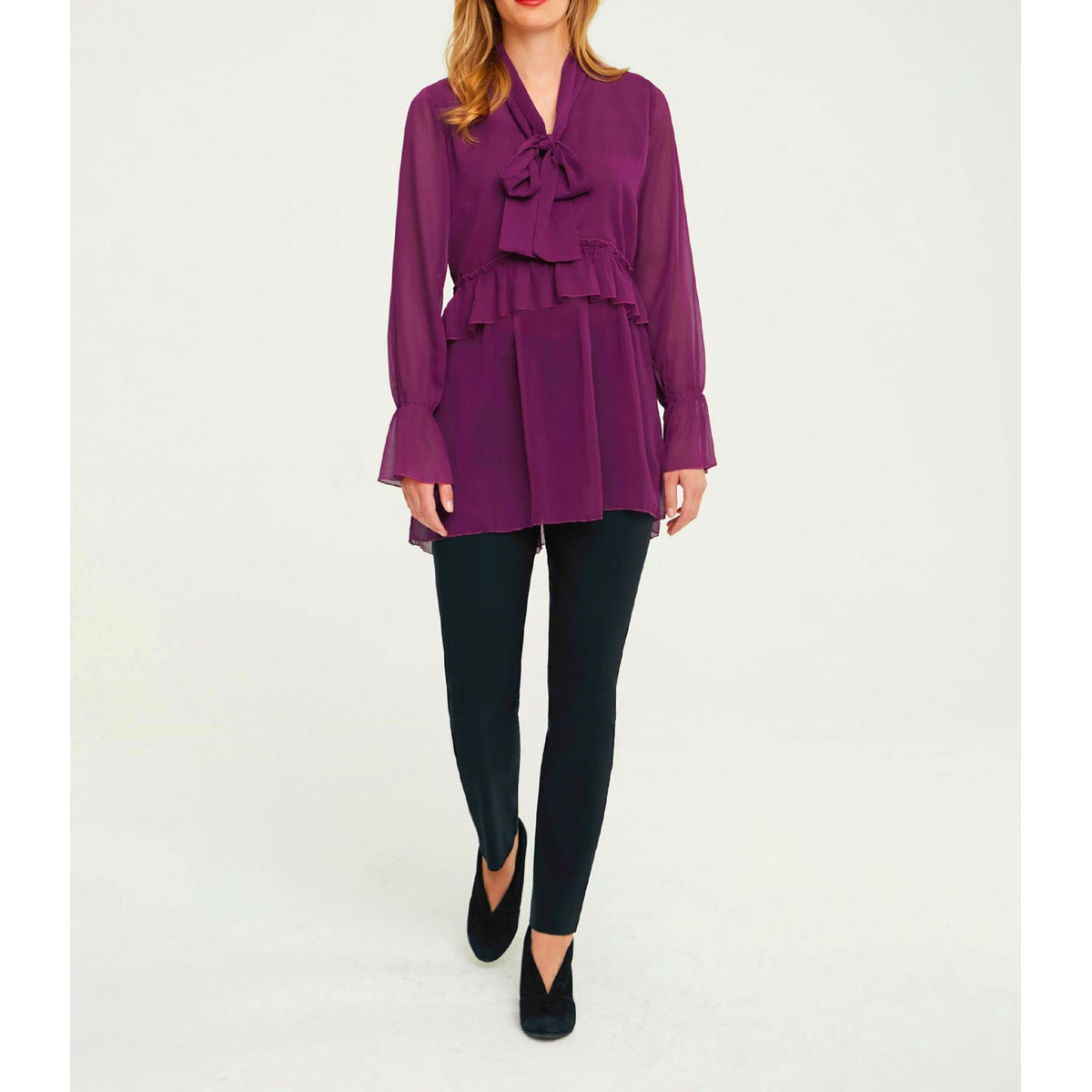 Designer-Chiffon-Volantsbluse u. Top cyclam