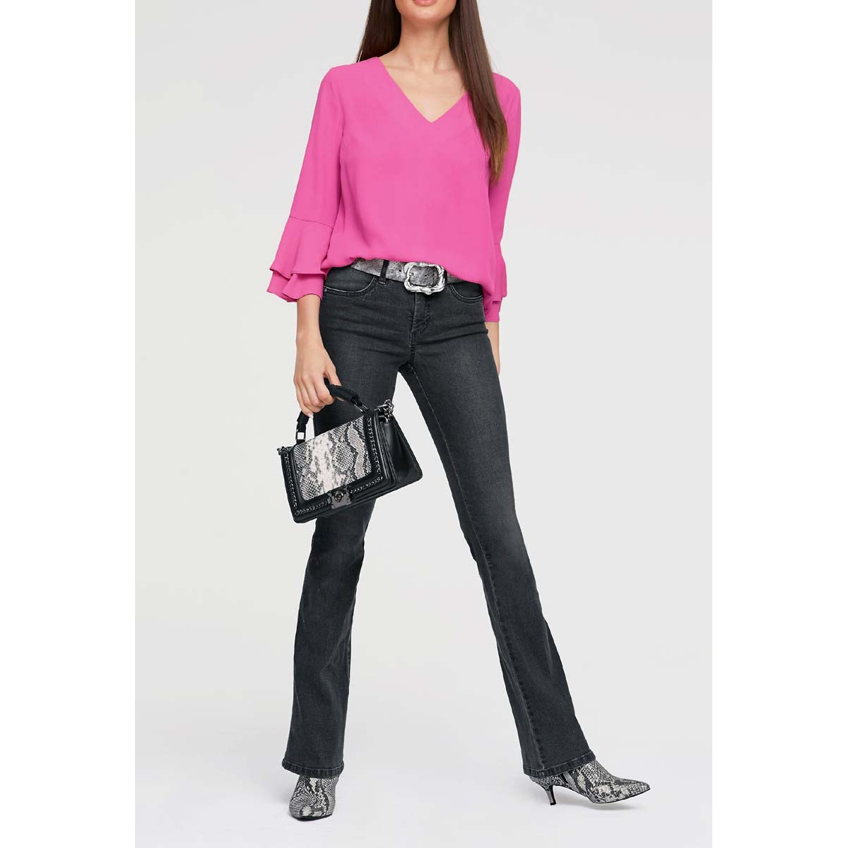 Designer-Bluse m. Volants himbeere
