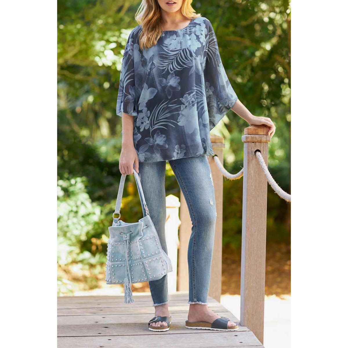 Designer-Druckbluse rauchblau
