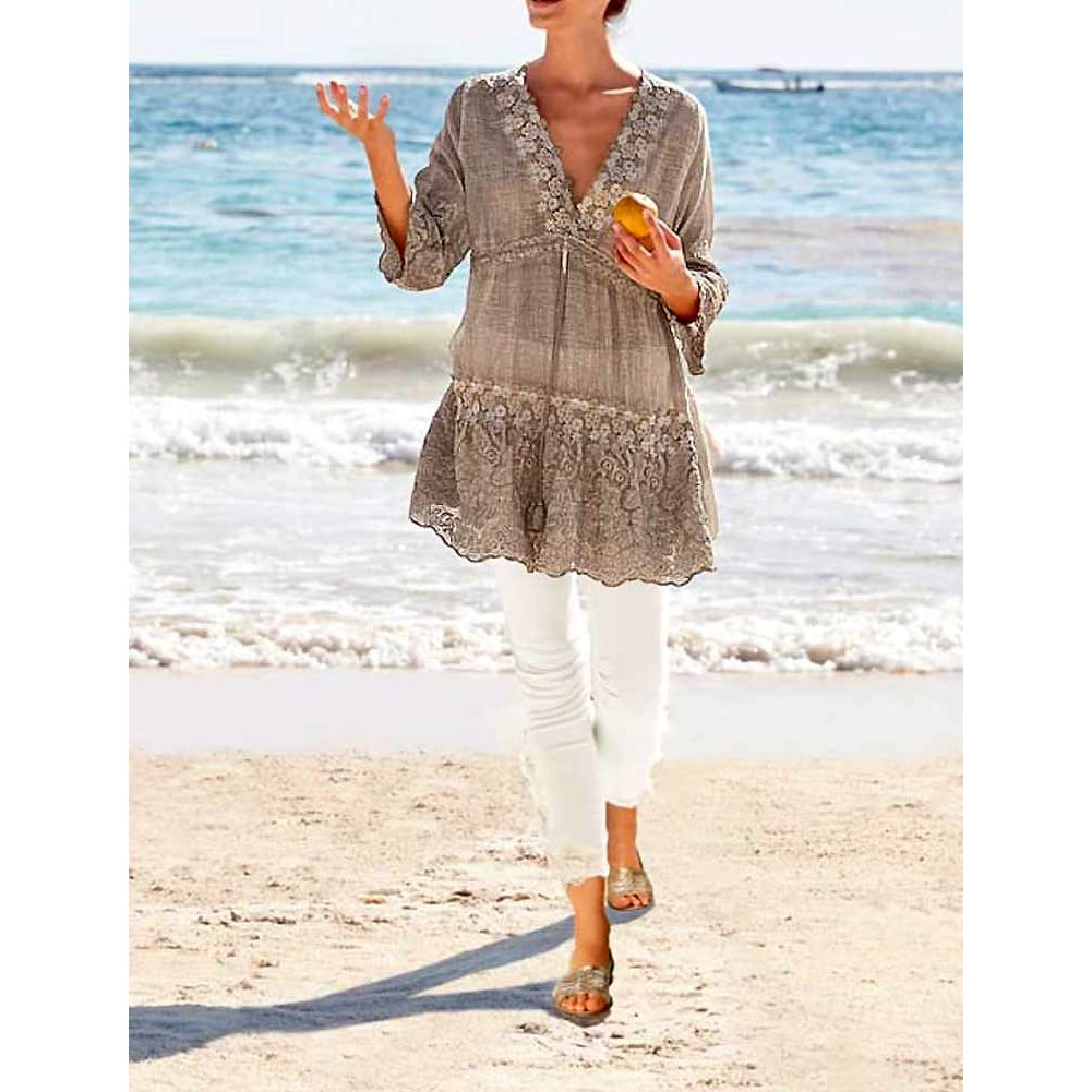 Designer-Tunika m. Spitzenbesatz taupe