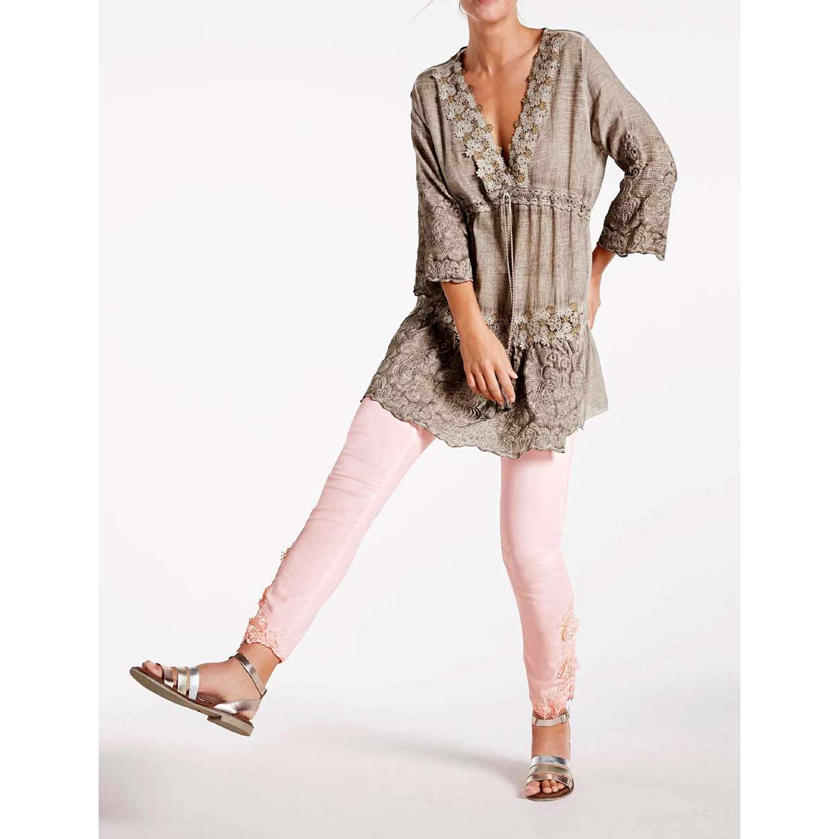 Designer-Tunika m. Spitzenbesatz taupe