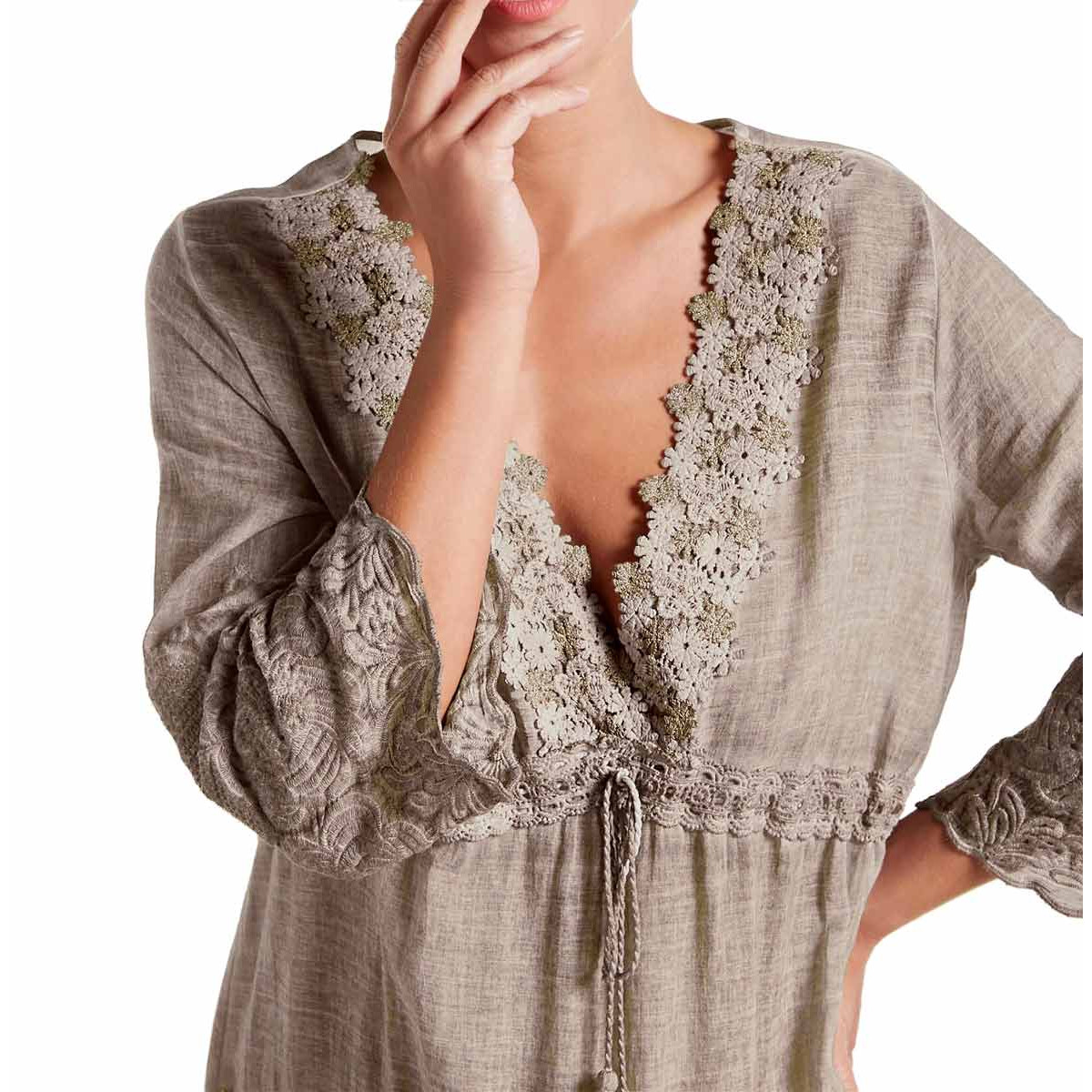 Designer-Tunika m. Spitzenbesatz taupe