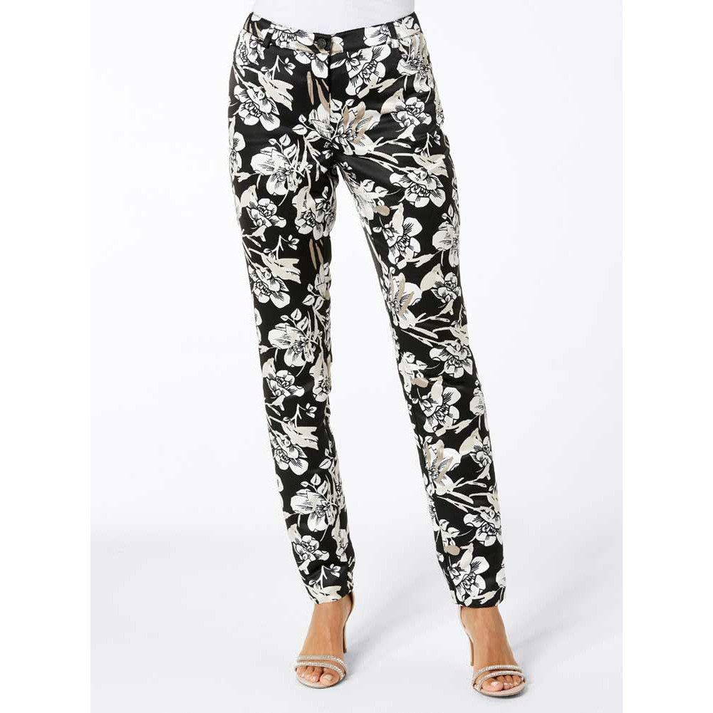 Blüten-Print-Hose m. Seide schwarz-ecru