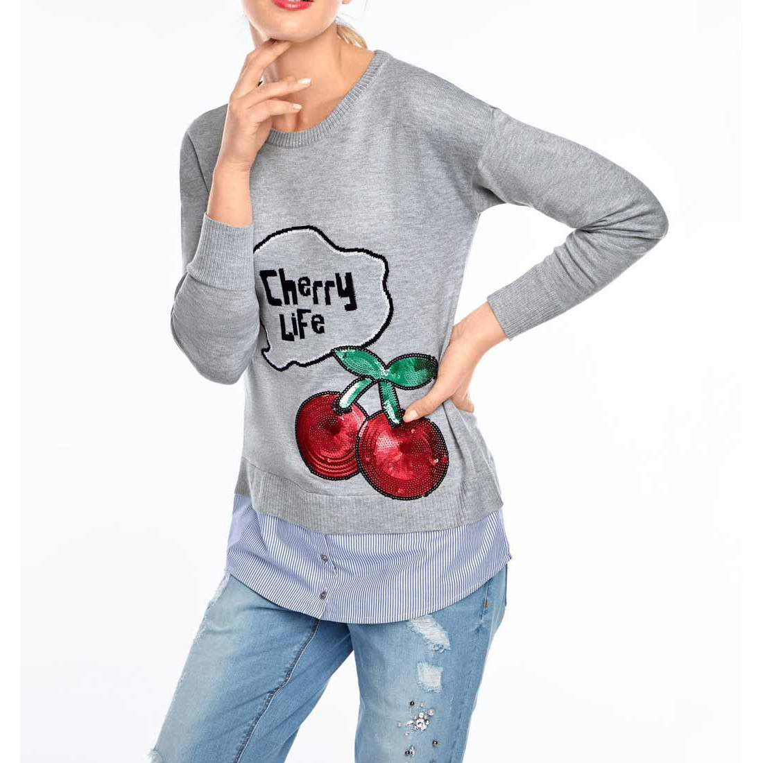 2-in-1-Pullover grau-melange