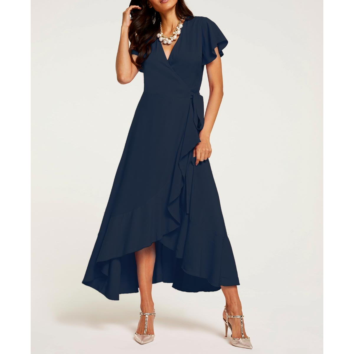 Designer-Wickelkleid m. Volant marine