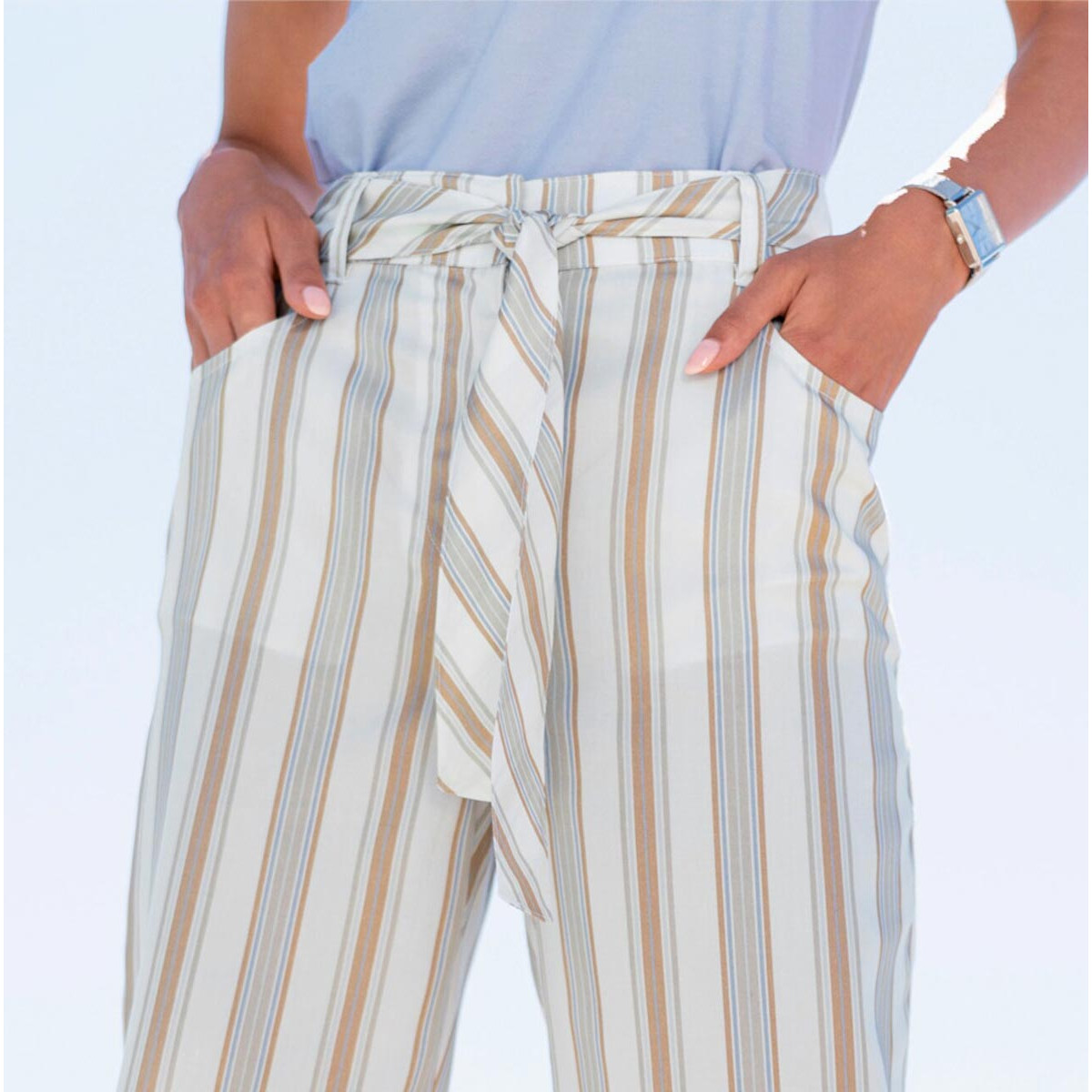 Designer-7/8-Lyocellhose m. Gürtel blau-beige