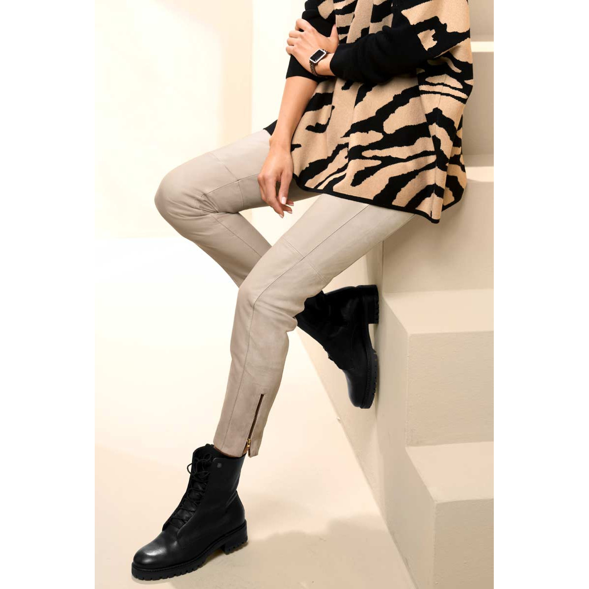 Designer-Lammnappaleder-Hose beige