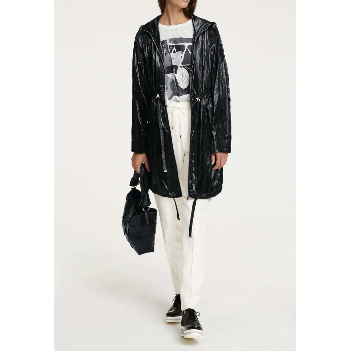 Designer-Knautschlack-Parka schwarz
