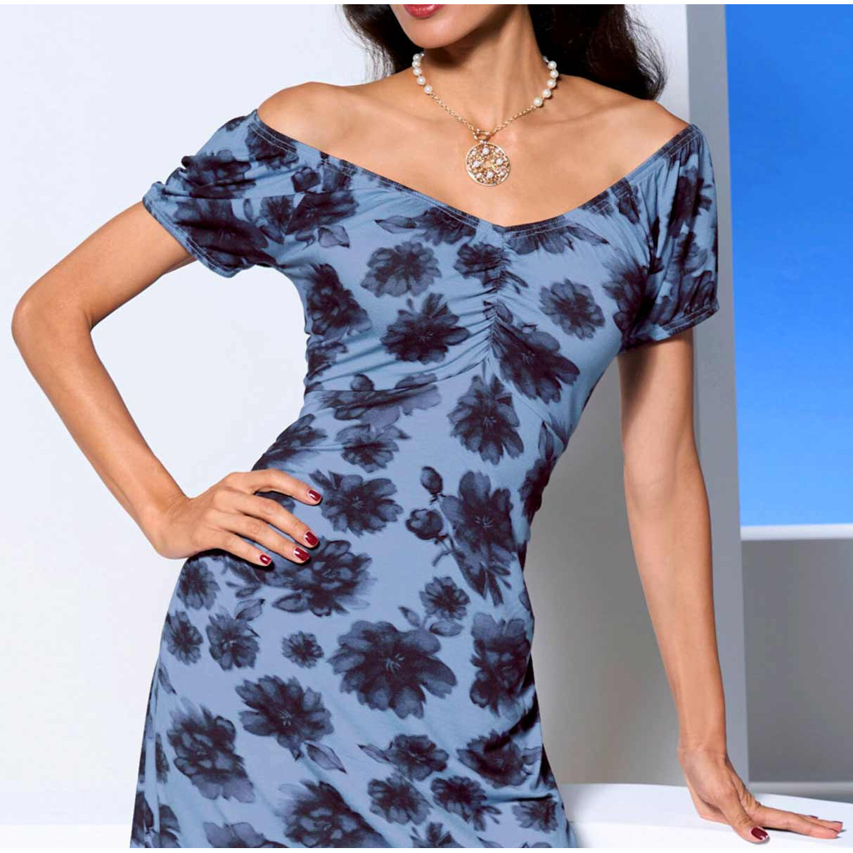 Designer-Jersey-Druckkleid marine-bleu