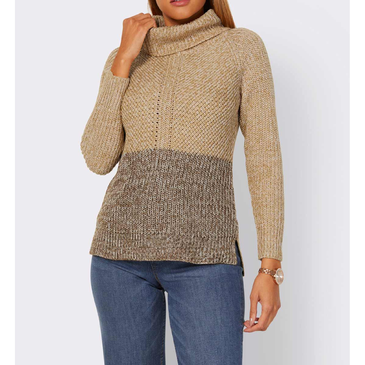 Rollkragen-Rippenstrickpullover camel-ecru-meliert