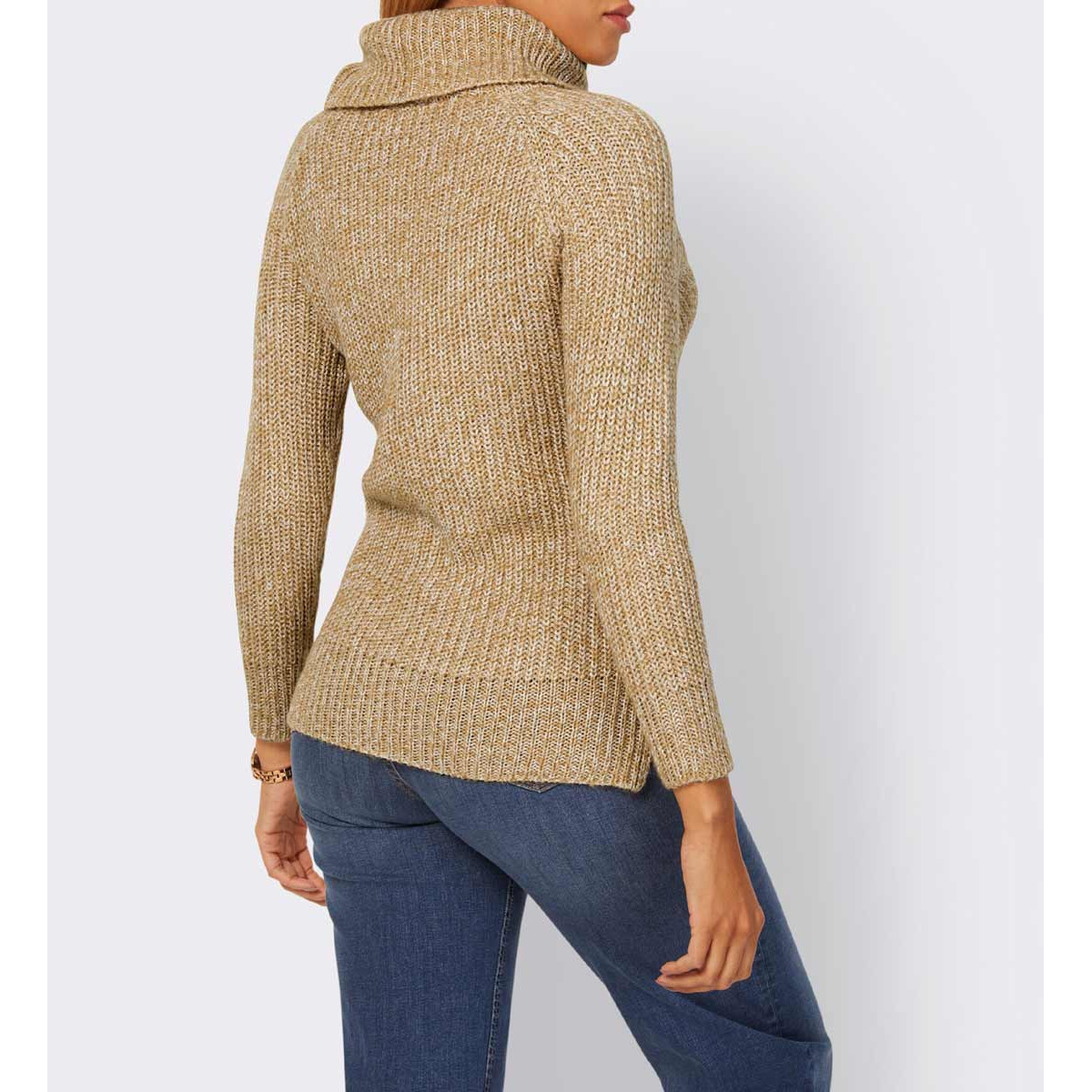 Rollkragen-Rippenstrickpullover camel-ecru-meliert