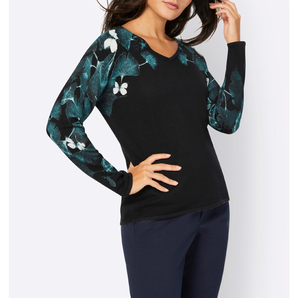 Feinstrickpullover mit platziertem Druck schwarz-petrol