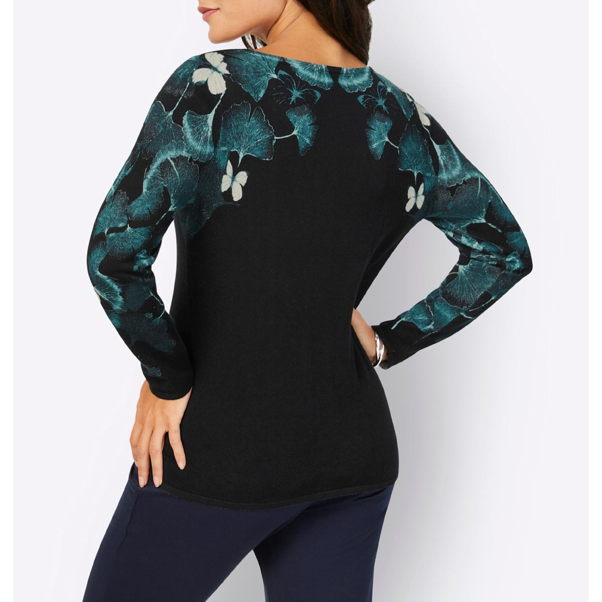 Feinstrickpullover mit platziertem Druck schwarz-petrol