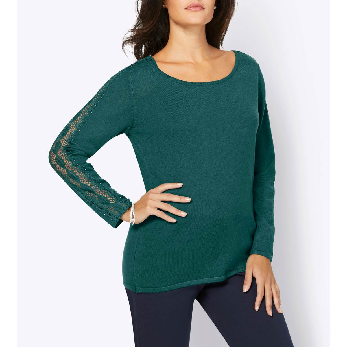 Pullover m.Spitzeneinsatz u.Ziersteinchen petrol