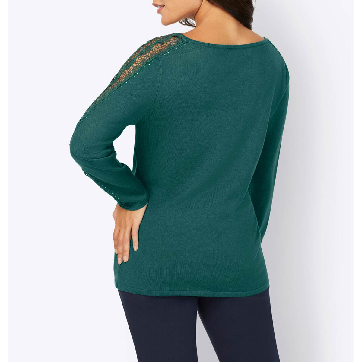 Pullover m.Spitzeneinsatz u.Ziersteinchen petrol