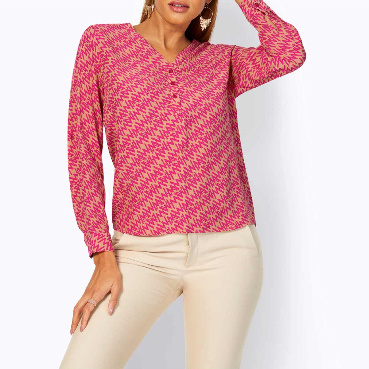 Bluse m.Krempelärmeln camel-pink-bedruckt