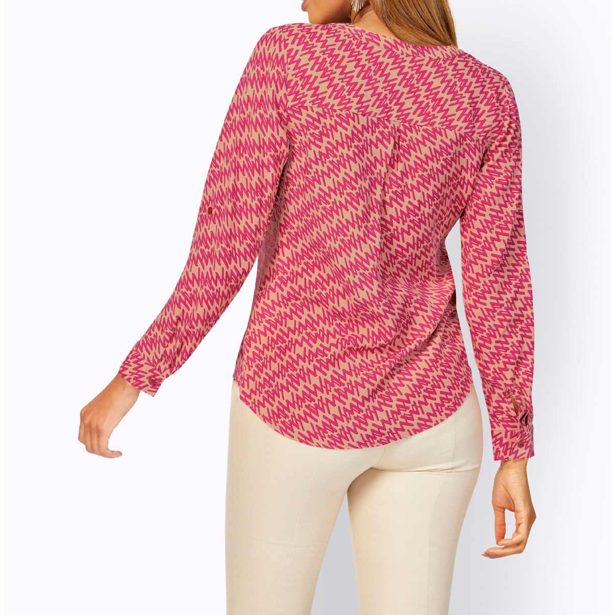 Bluse m.Krempelärmeln camel-pink-bedruckt