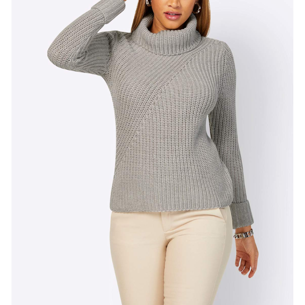 Rollkragenpullover mit Glanzgarn hellgrau