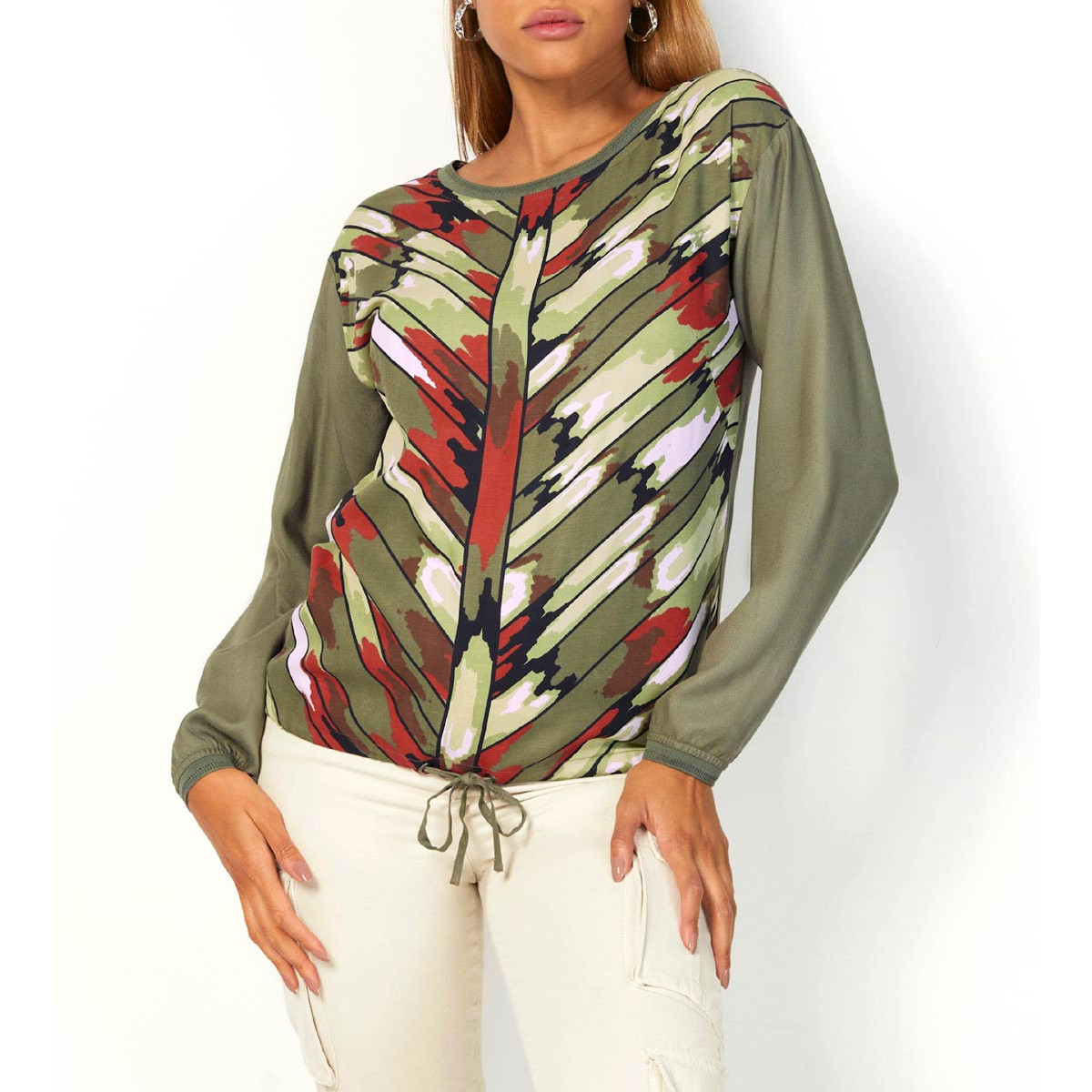 Bluse m.Bindeband khaki-rostrot-bedruckt