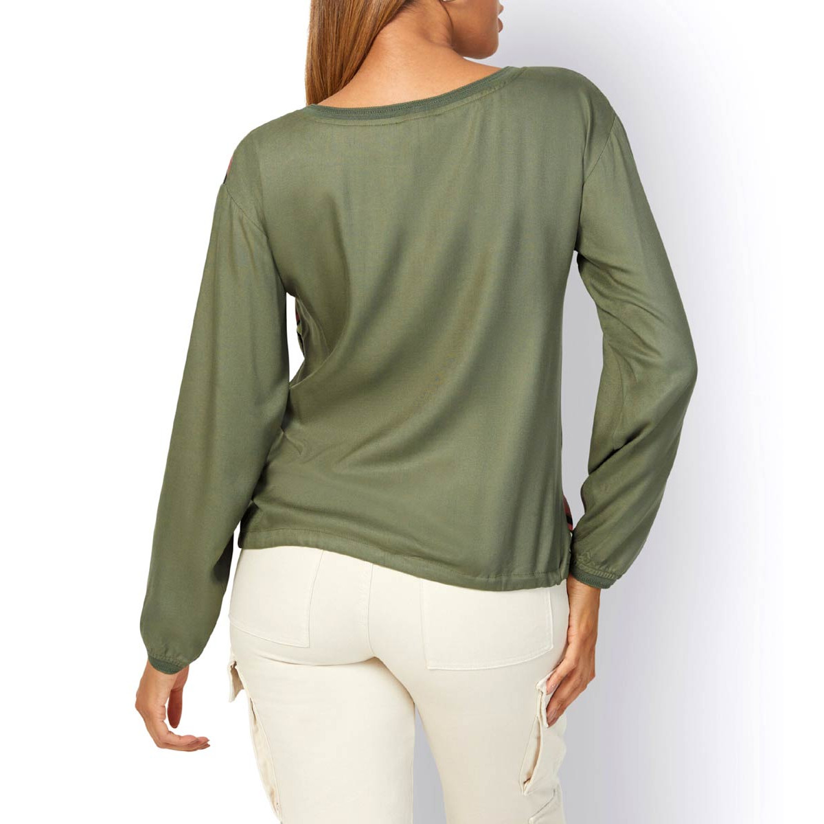 Bluse m.Bindeband khaki-rostrot-bedruckt