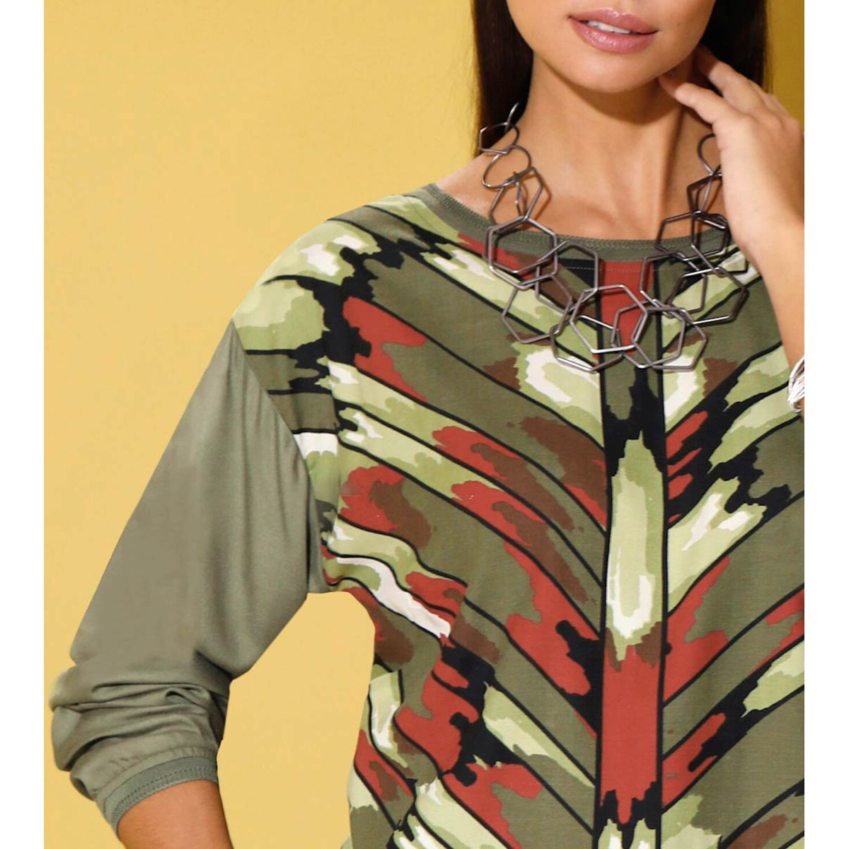 Bluse m.Bindeband khaki-rostrot-bedruckt