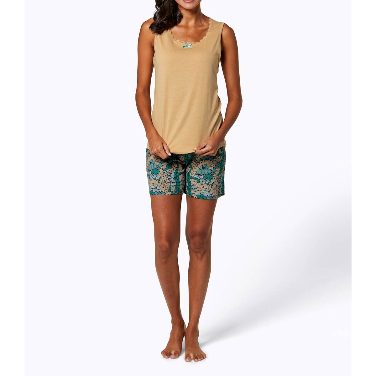 Jersey-Shorty camel-salbei-bedruckt