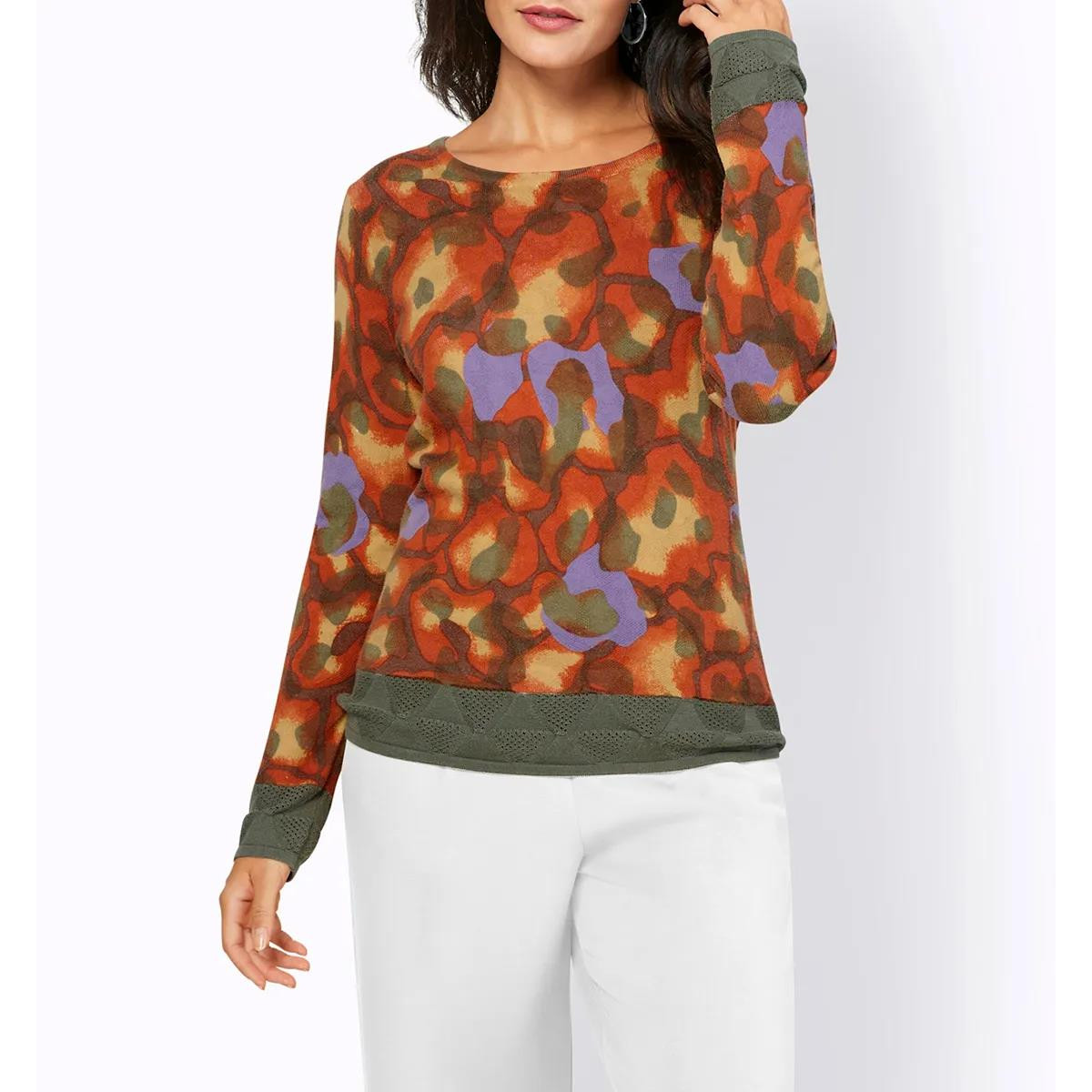 Jacquard-Pullover m. Ajour-Bordüre khaki-gemustert
