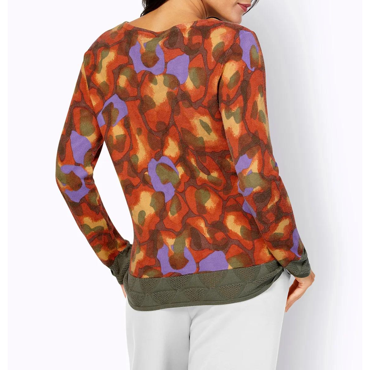 Jacquard-Pullover m. Ajour-Bordüre khaki-gemustert