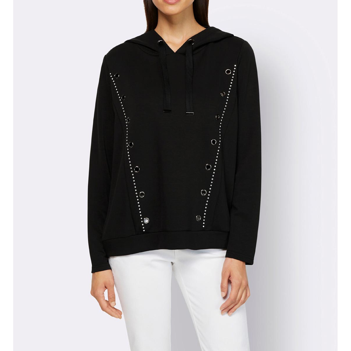 Designer-Sweatshirt m.Steinchen und Ösenverzierung schwarz