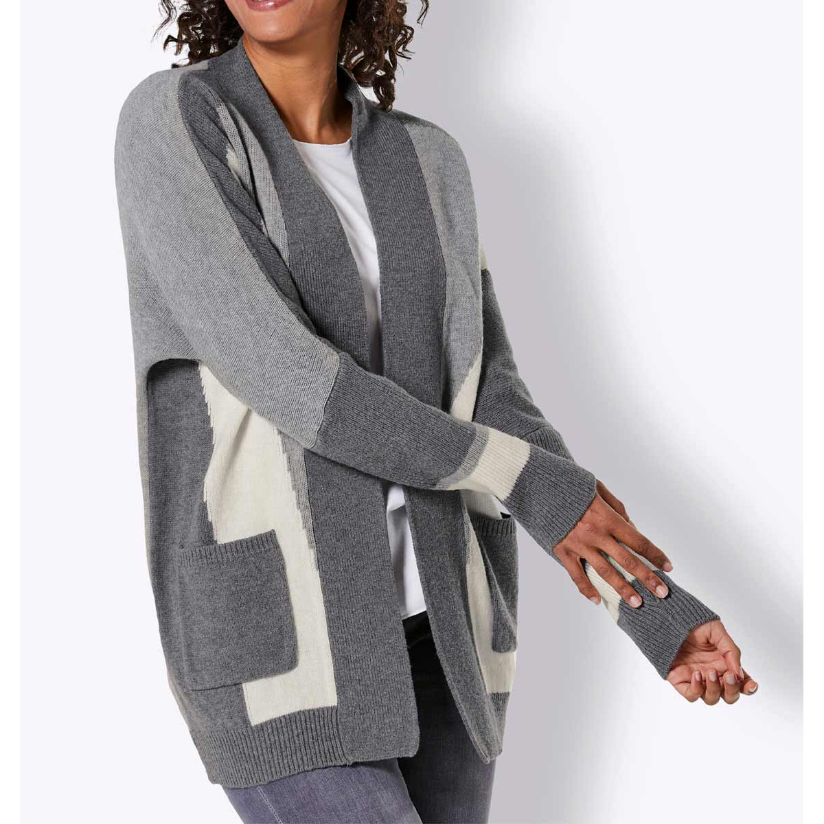 Merino-Seiden-Strickjacke anthrazit-ecru