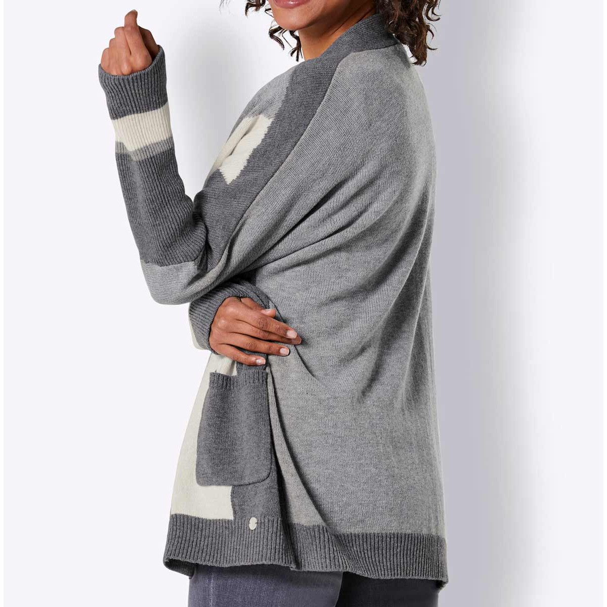 Merino-Seiden-Strickjacke anthrazit-ecru