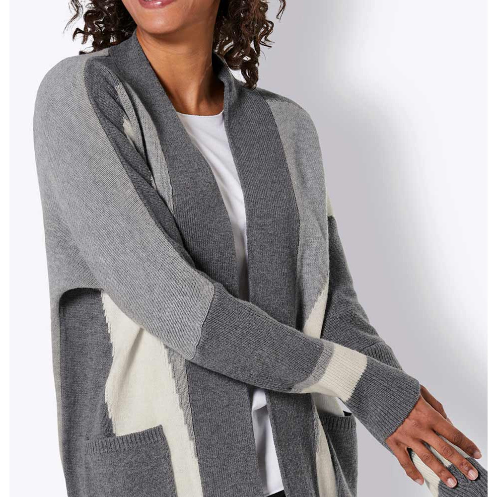 Merino-Seiden-Strickjacke anthrazit-ecru