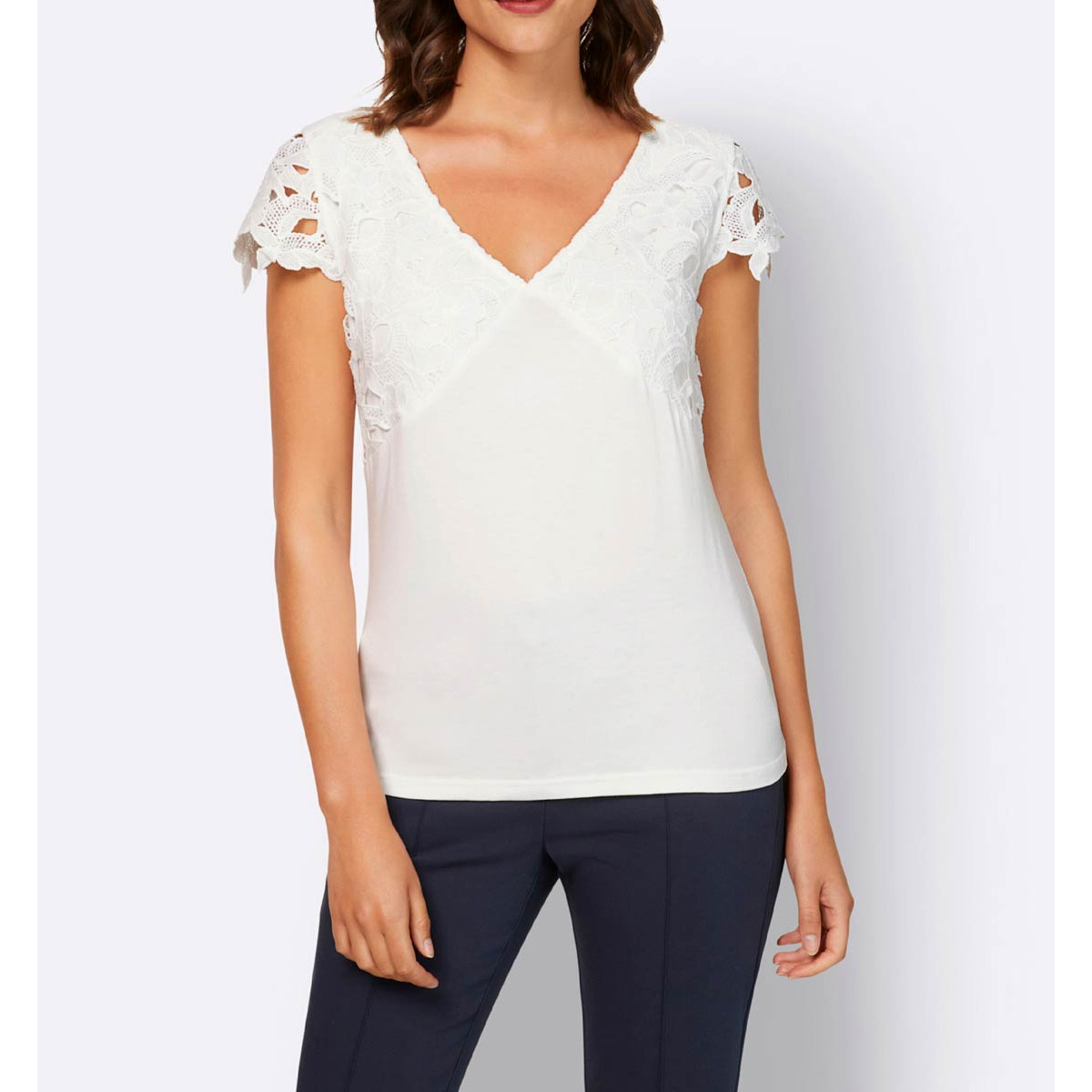 Designer-Shirt m.Spitzenbesatz ecru