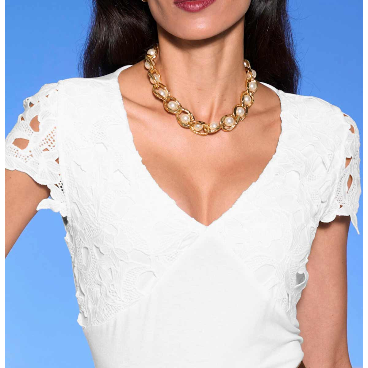 Designer-Shirt m.Spitzenbesatz ecru