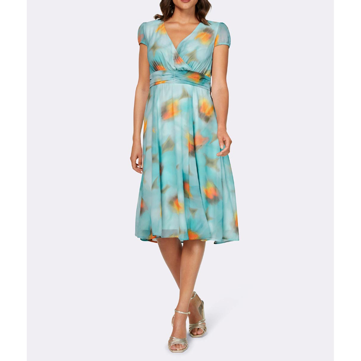 Designer-Chiffon-Druckkleid mint-taupe
