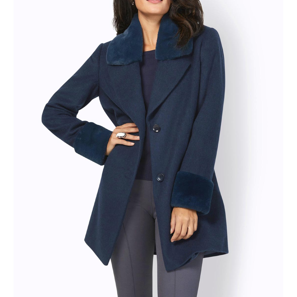 Wolljacke m.Pelz-Imitat-Details marine