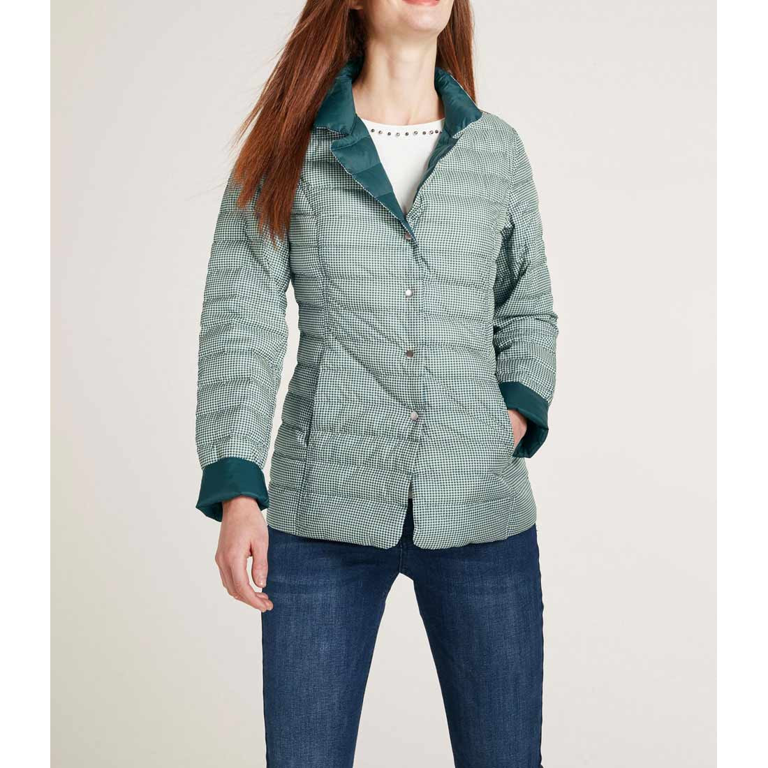 Designer-Wende-Daunenjacke grün-offwhite