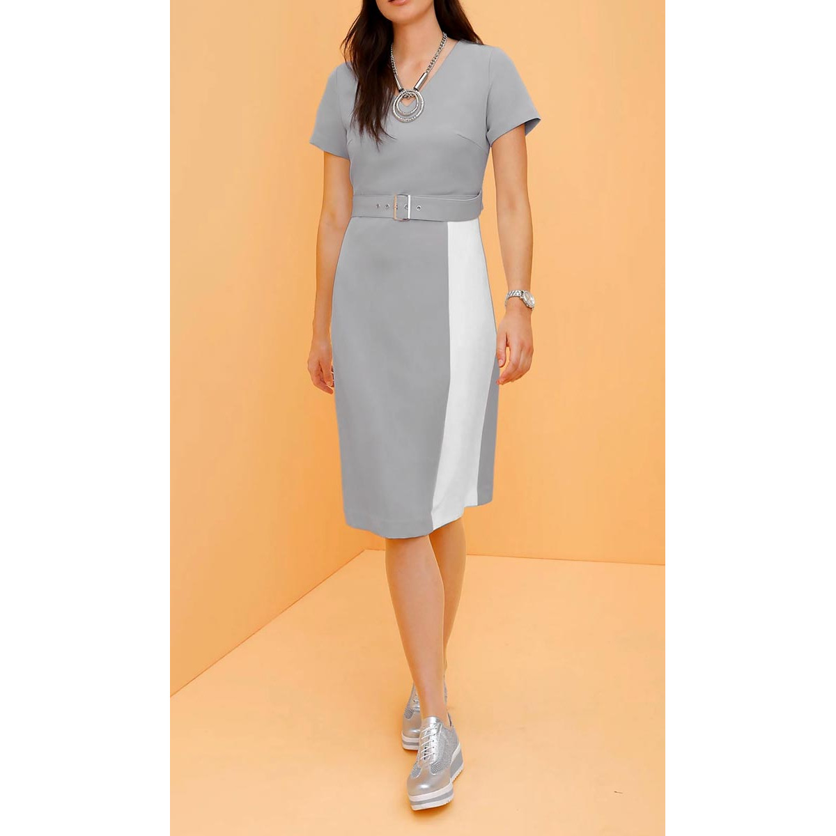Designer-Kleid m. Gürtel steingrau-ecru