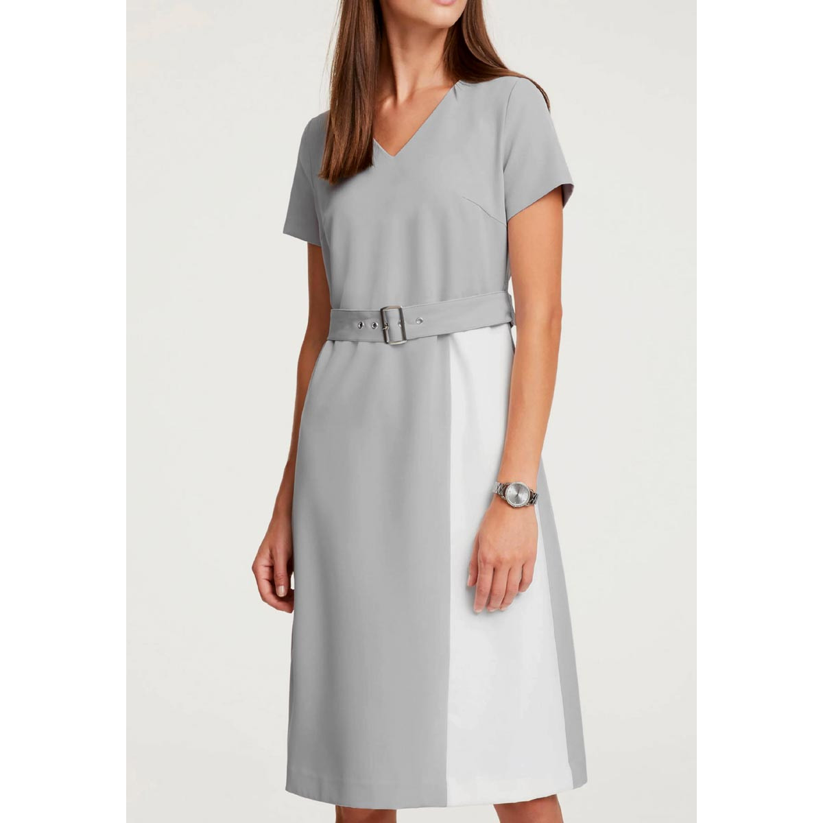 Designer-Kleid m. Gürtel steingrau-ecru