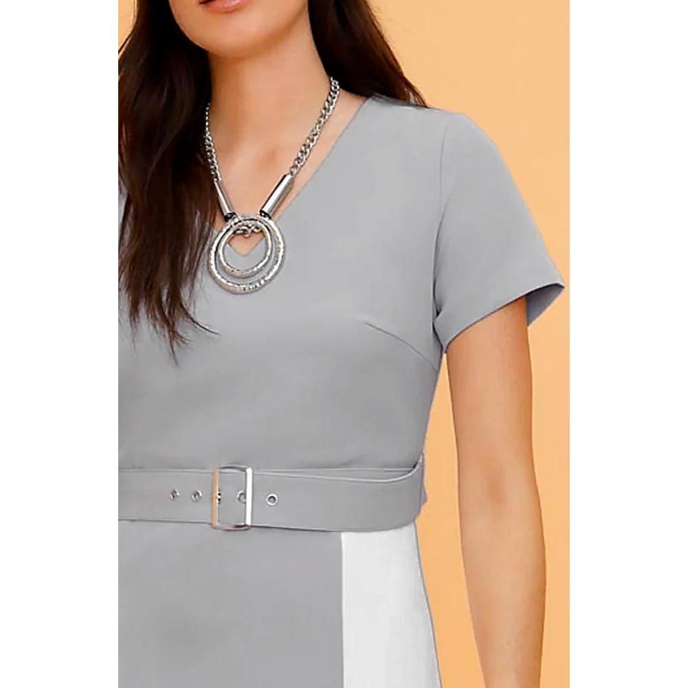 Designer-Kleid m. Gürtel steingrau-ecru